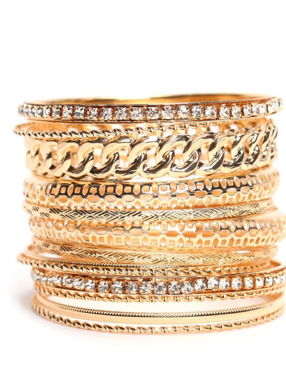 Fashion Nova Gold Layered Bangle Bracelet Set with Crystal Accents